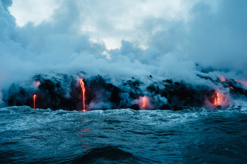 Lava Flowing into Ocean — Blue, Dramatic, Night, Photograph, Smoke