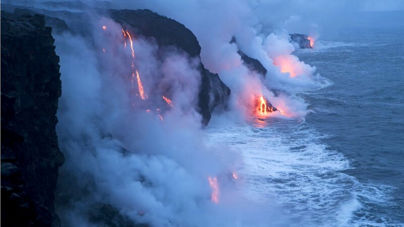 Lava Flowing into Ocean — Blue, Dramatic, Night, Photograph, Steam