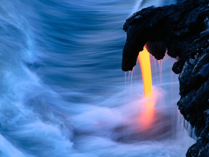 Lava Flowing into Ocean — Blue, Dramatic, Night, Photograph