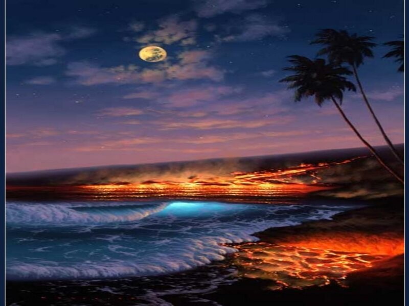 Lava Flowing into Ocean — Blue, Dramatic, Night
