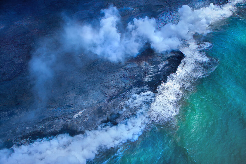Lava Flowing into Ocean — Blue, Dramatic, Photograph