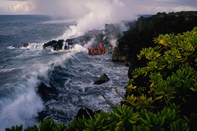 Lava Flowing into Ocean — Blue, Dramatic, Sunset, Photograph