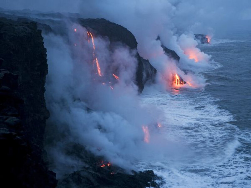 Lava Flowing into Ocean — Gray, Dramatic