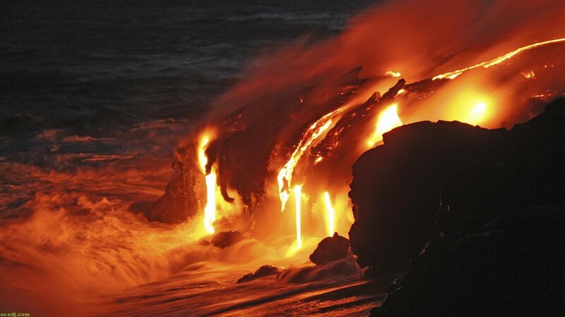 Lava Flowing into Ocean — Orange, Dramatic, Night, Photograph, Rock