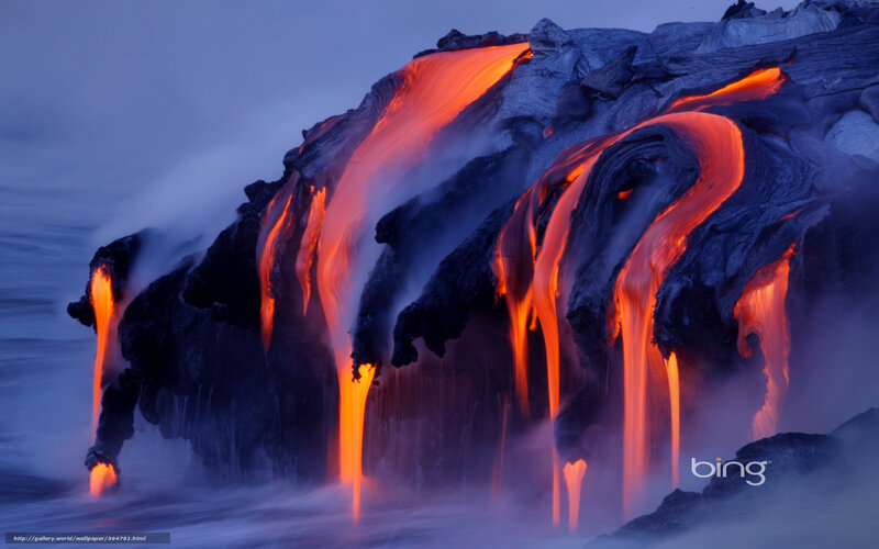 Lava Flowing into Ocean — Orange, Dramatic, Night, Photograph