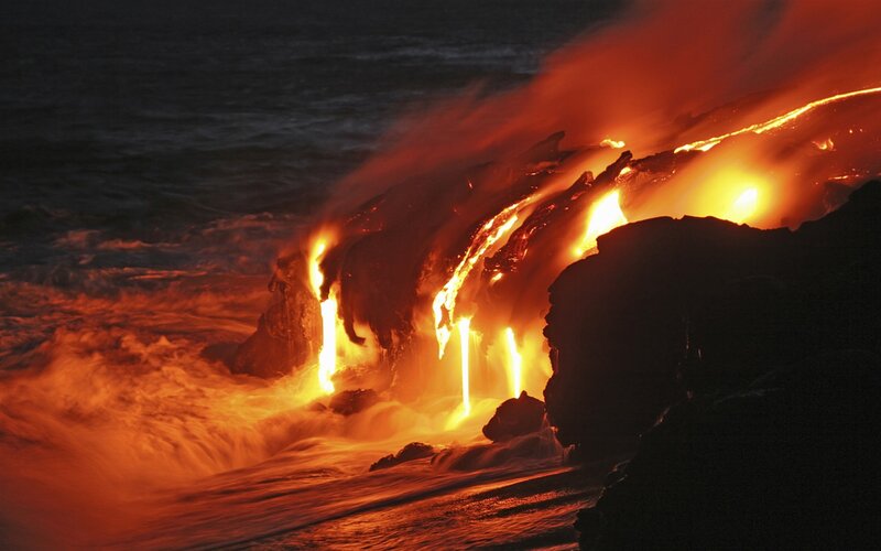 Lava Flowing into Ocean — Orange, Dramatic, Night