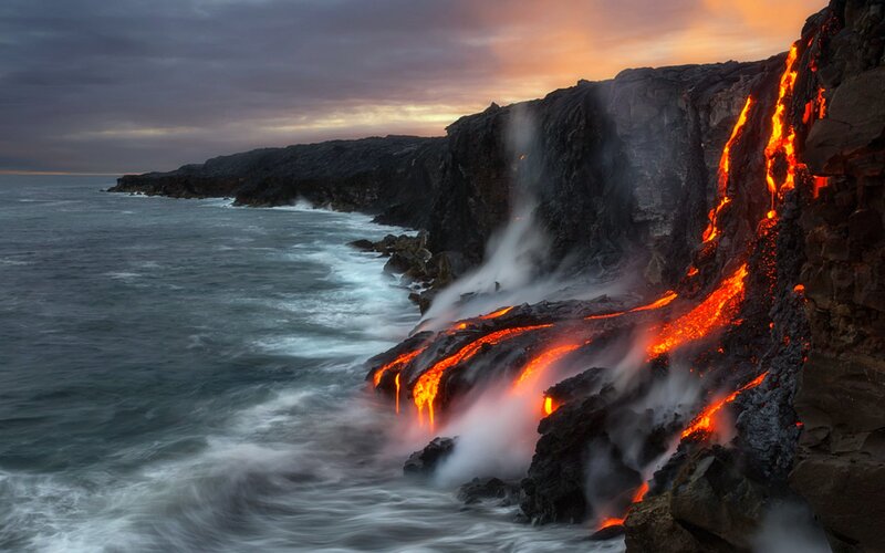 Lava Flowing into Ocean — Orange, Dramatic, Sunset, Photograph