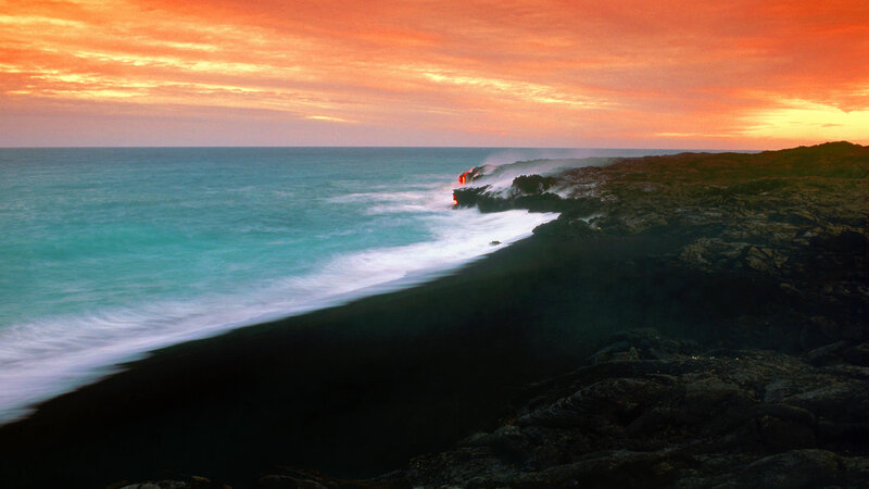 Lava Flowing into Ocean — Orange, Dramatic, Sunset