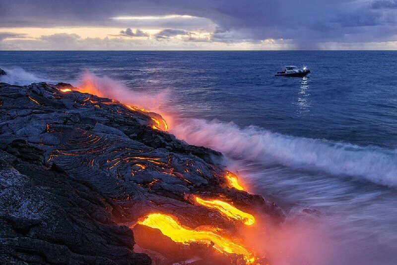 Lava Flowing into Ocean — Orange, Dramatic