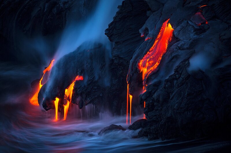 Lava Flowing into Ocean — Red, Dramatic, Night, Photograph, Rock