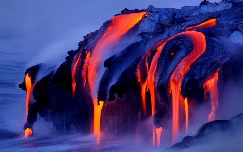 Lava Flowing into Ocean — Red, Dramatic, Night, Photograph, Steam