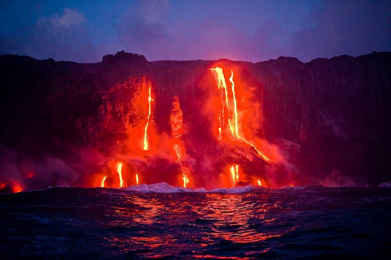 Lava Flowing into Ocean — Red, Dramatic, Night, Photograph