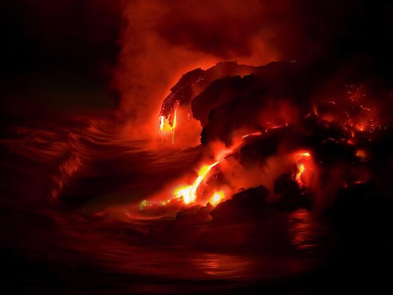 Lava Flowing into Ocean — Red, Dramatic, Night