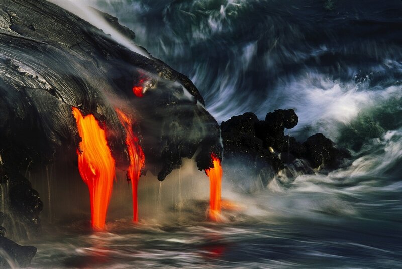 Lava Flowing into Ocean — Red, Dramatic, Photograph, Ocean Waves, Rock