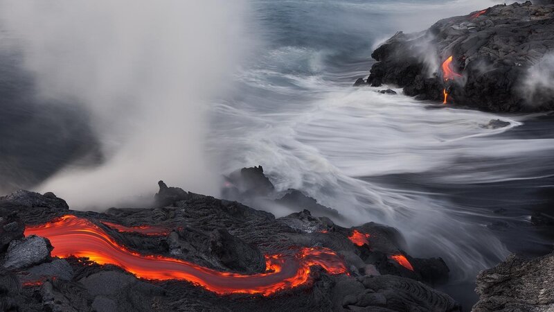 Lava Flowing into Ocean — Red, Dramatic, Photograph, Ocean Waves, Steam