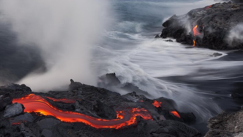 Lava Flowing into Ocean — Red, Dramatic, Photograph, Ocean Waves