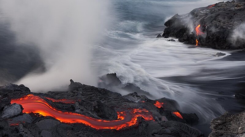 Lava Flowing into Ocean — Red, Dramatic, Photograph, Steam