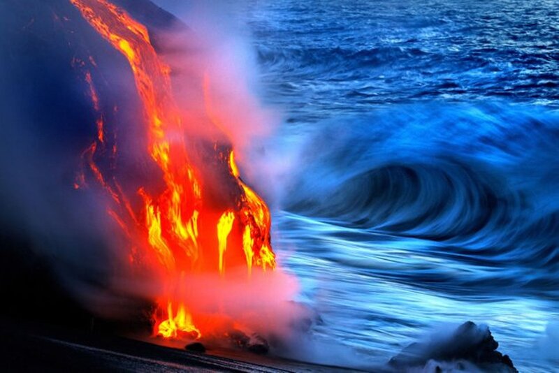 Lava Flowing into Ocean — Red, Dramatic, Photograph