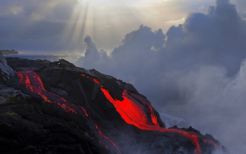 Lava Flowing into Ocean — Red