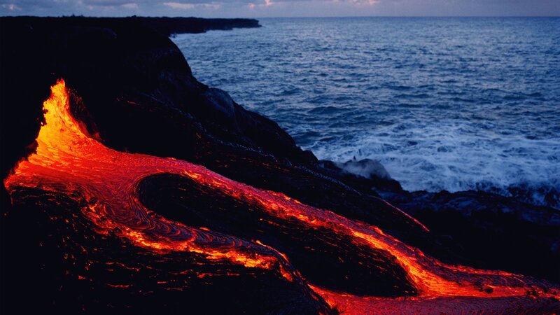 Lava Flowing to Ocean — Red, Dramatic, Sunset