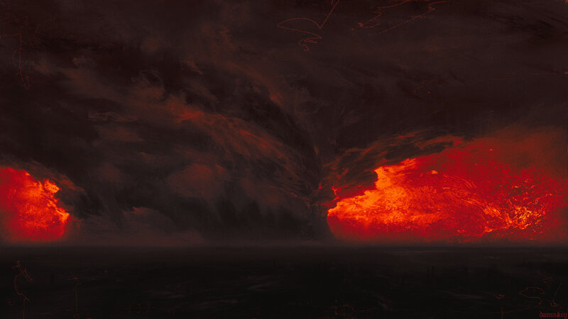 Lava Flows in Dark Landscape