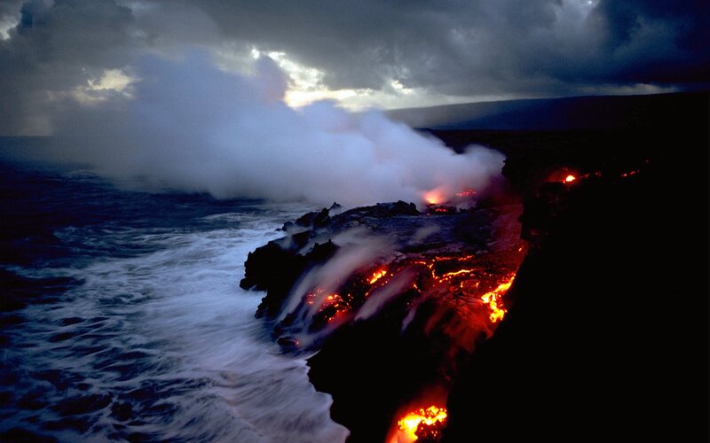 Lava flows into the ocean