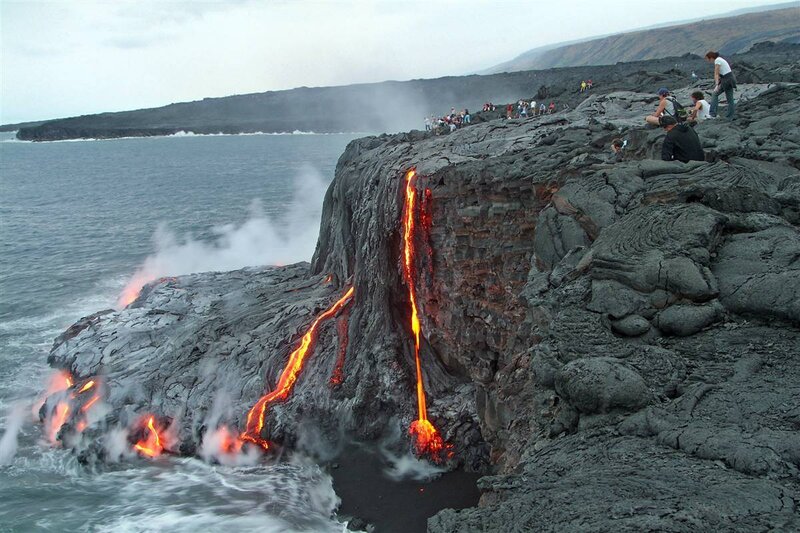Lava flows into the ocean