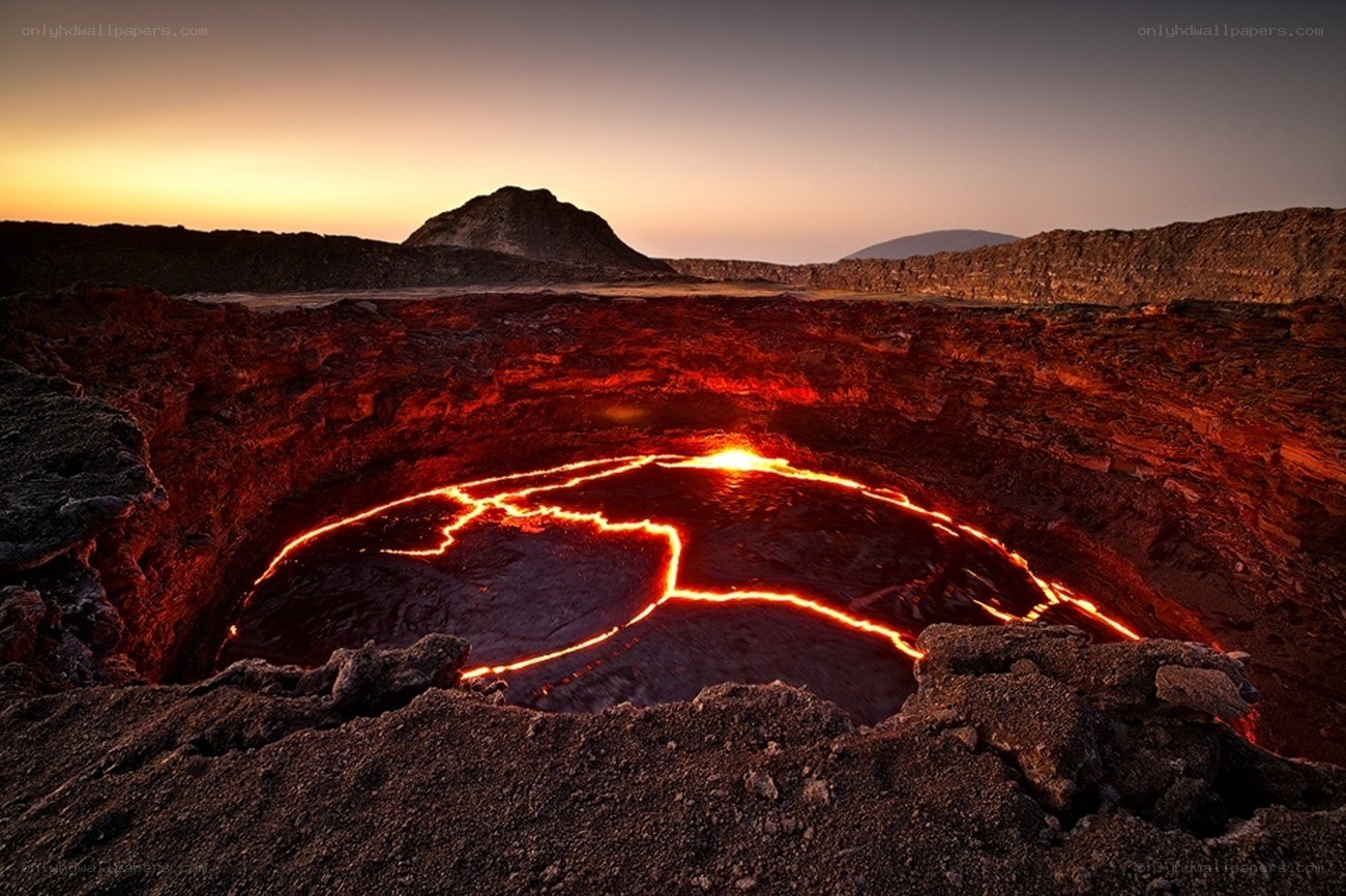 Lava lake at sunset