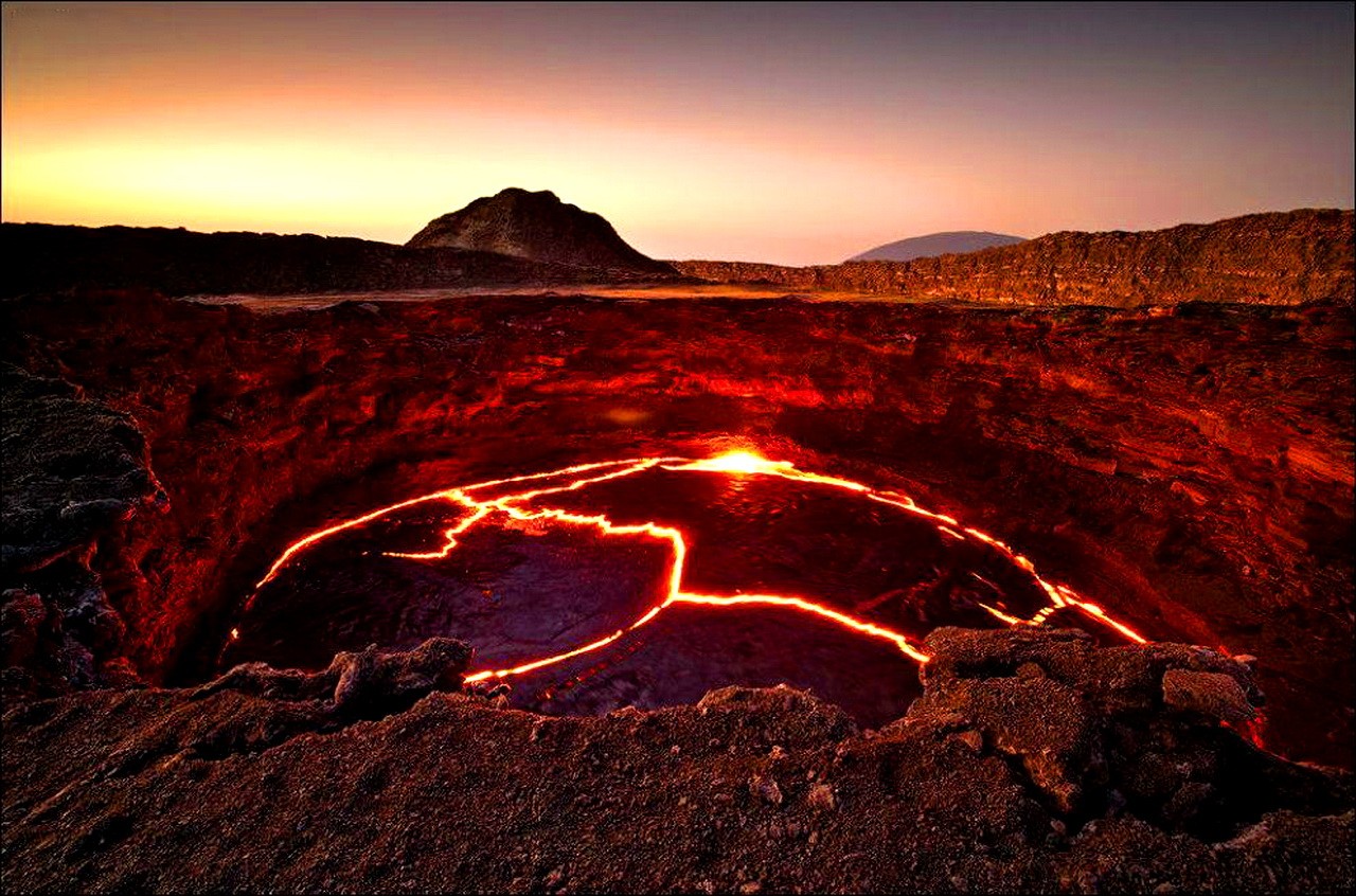 Lava lake at sunset