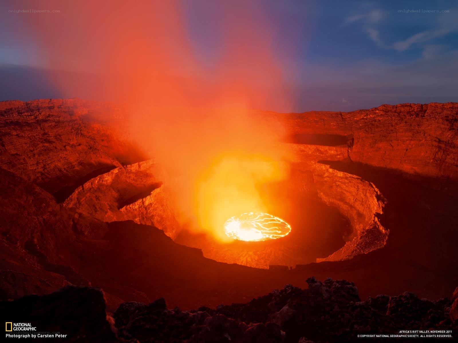 Lava lake in a volcanic crater