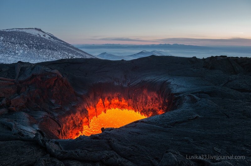 Lava Lake in Crater — Black, Dramatic, Sunset
