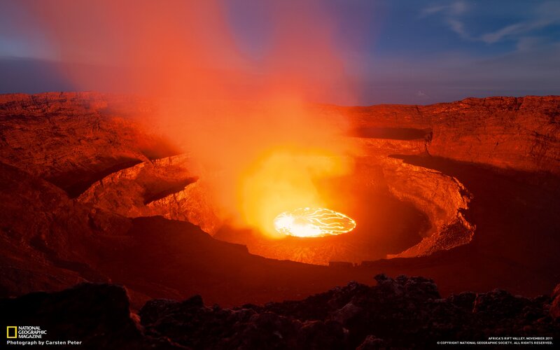 Lava Lake in Crater — Red, Dramatic, Night, Photograph