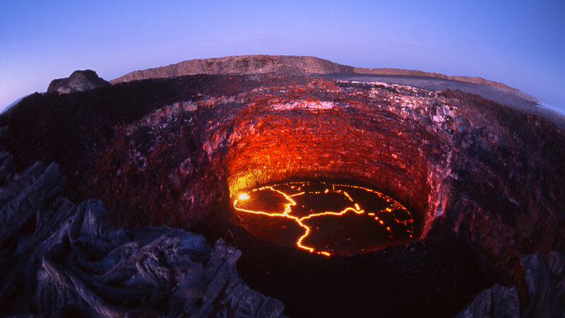 Lava Lake in Crater — Red, Dramatic, Night, Photograph, Volcano
