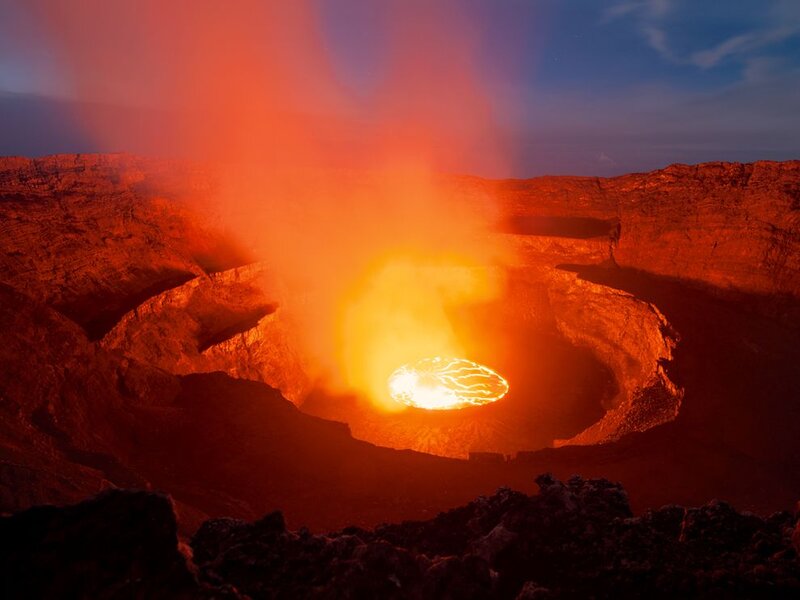 Lava Lake in Crater — Red, Dramatic, Night