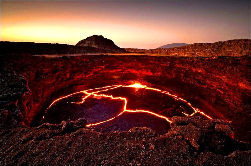 Lava Lake in Crater — Red, Dramatic, Sunset, Photograph, Volcano