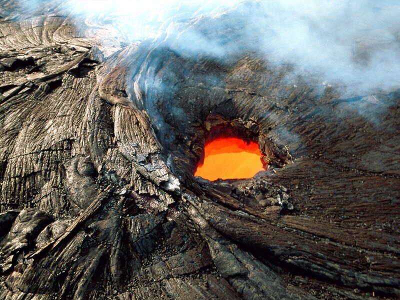 Lava lake in volcanic crater