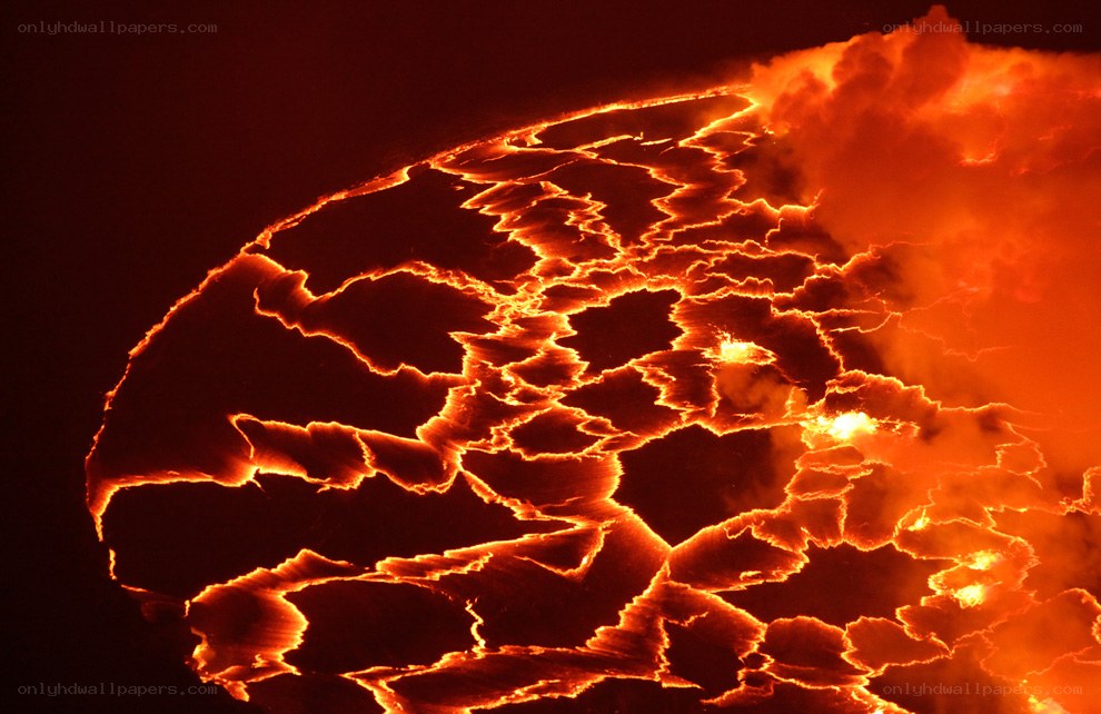 Lava lake in volcanic crater