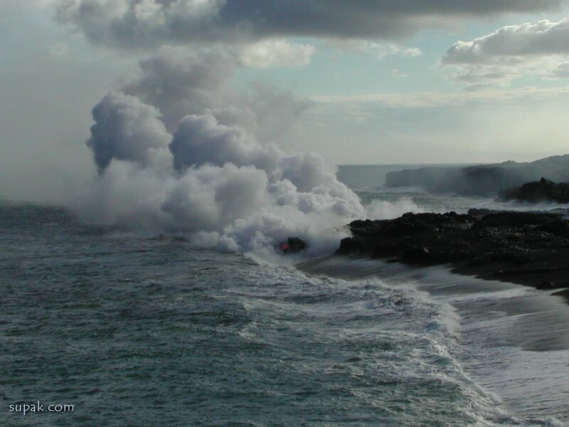 Lava meets ocean at coast