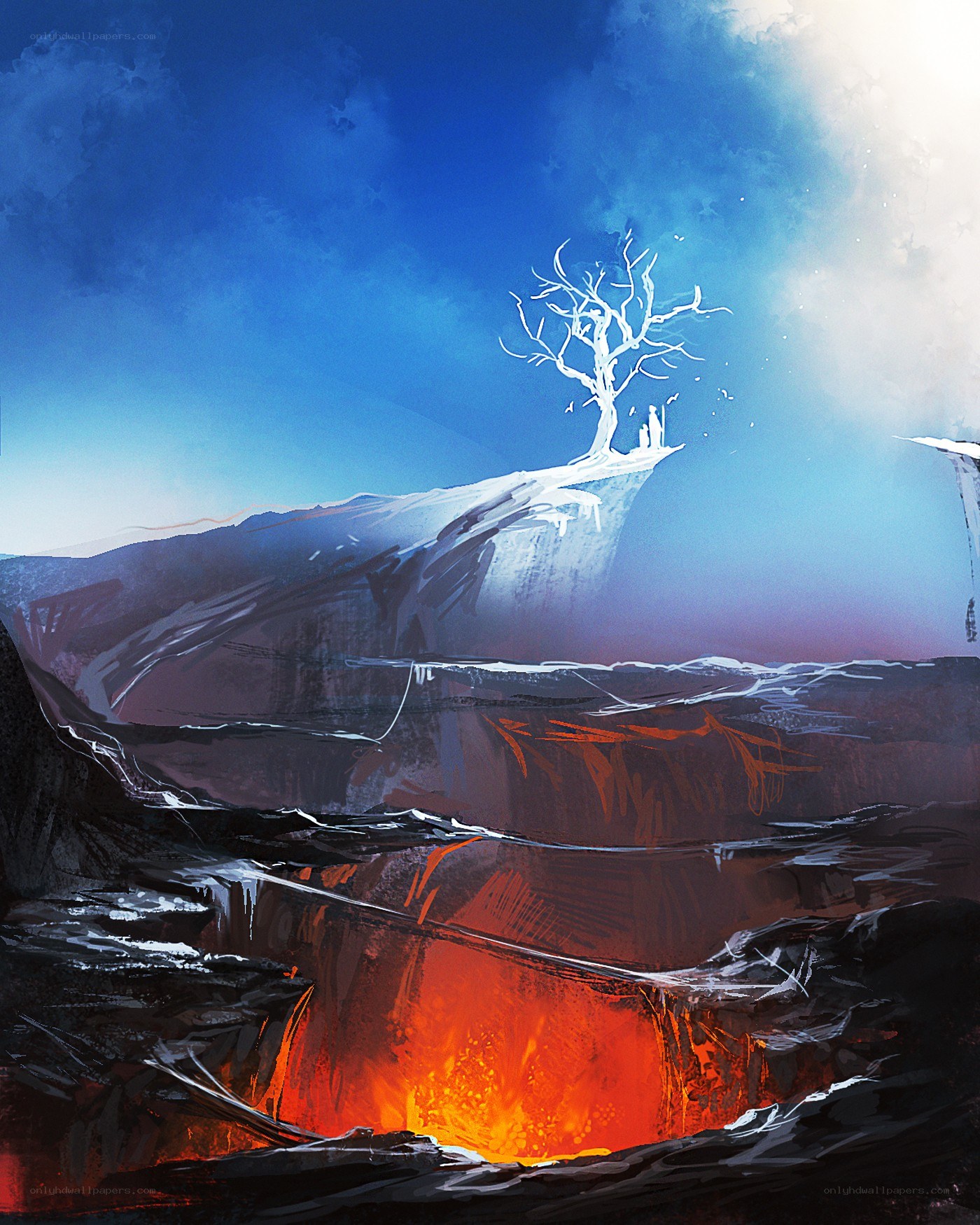 Lava pit with white tree