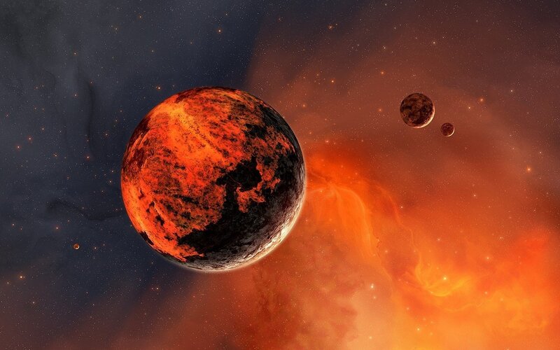 Lava Planet in Space — Orange, Dramatic, Digital Art, Planets, Stars