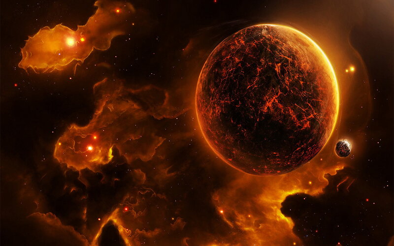 Lava Planet in Space — Orange, Dramatic, Digital Art