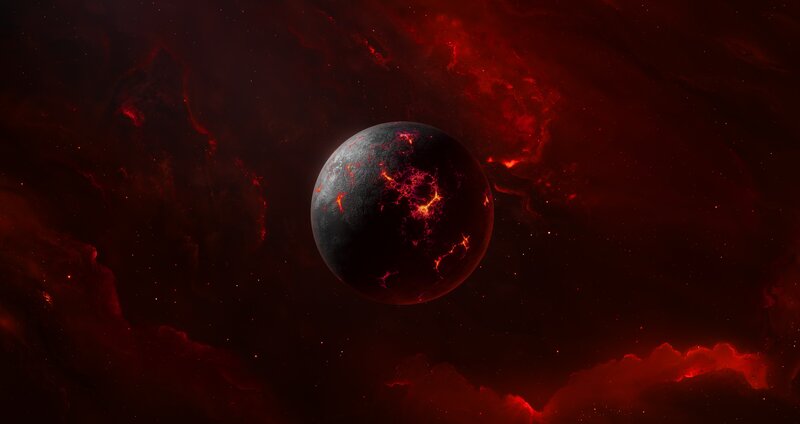 Lava Planet in Space — Red, Dramatic, Digital Art, Nebula