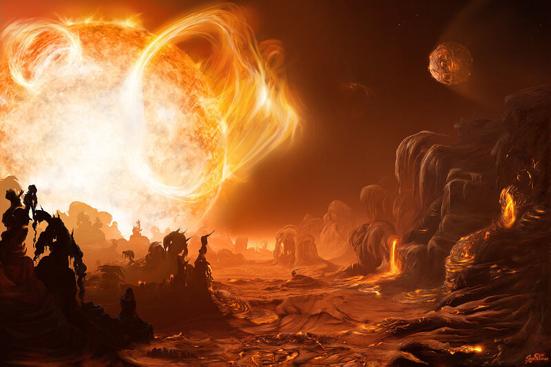 Lava Planet Landscape — Orange, Dramatic, Night, Digital Art, Sun, Moon
