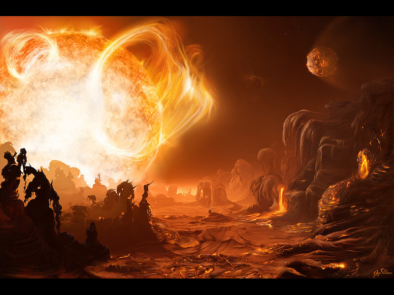 Lava Planet Landscape — Orange, Dramatic, Night, Digital Art, Sun, Rock Formations