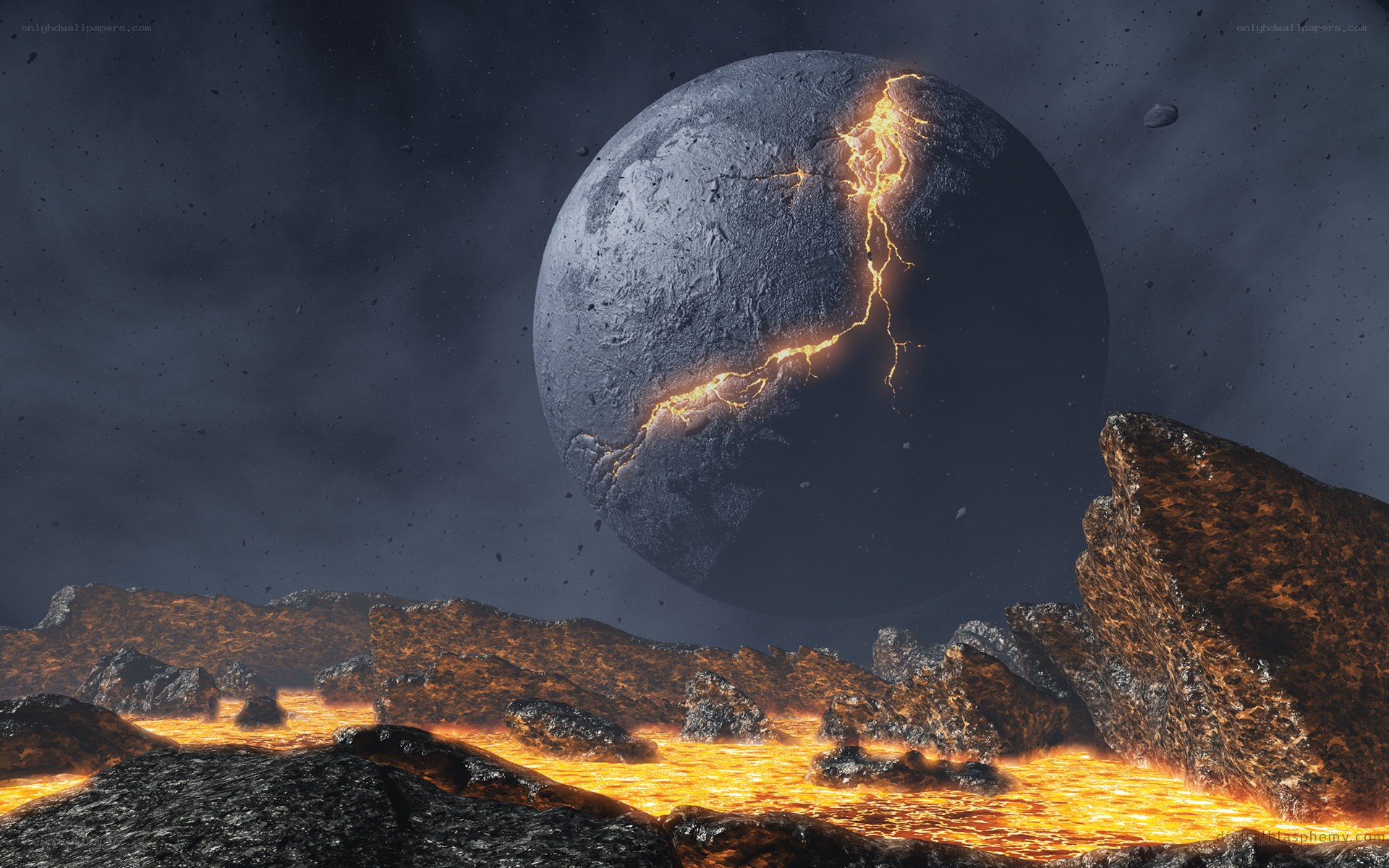 Lava planet with cracked moon