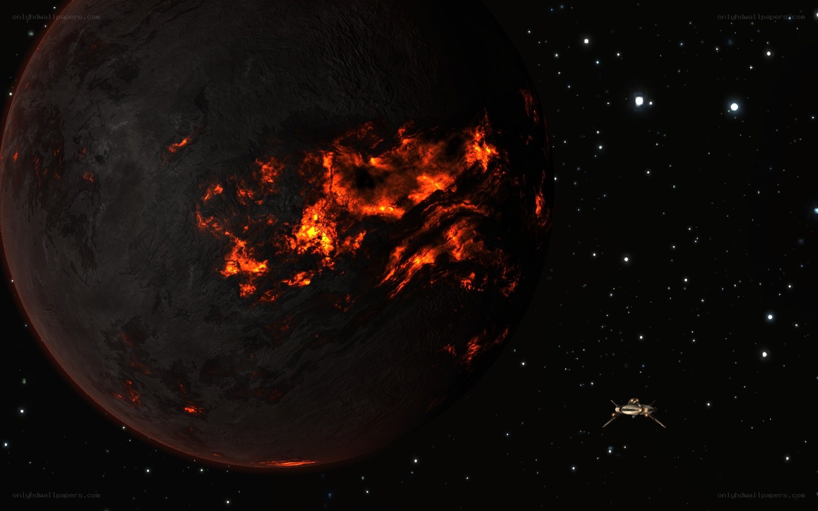 lava planet with spaceship