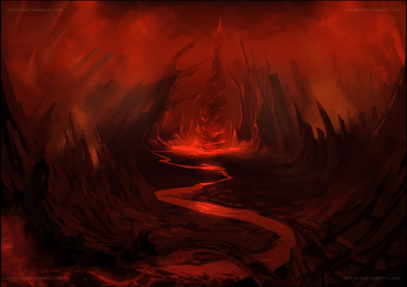 lava river in hellish landscape