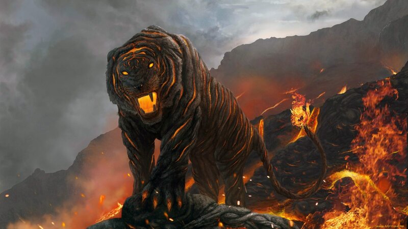 Lava Tiger Creature — Black, Dramatic, Digital Art, Volcano
