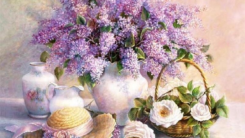 Lavender Bouquet in Vase — Purple, Serene, Painting
