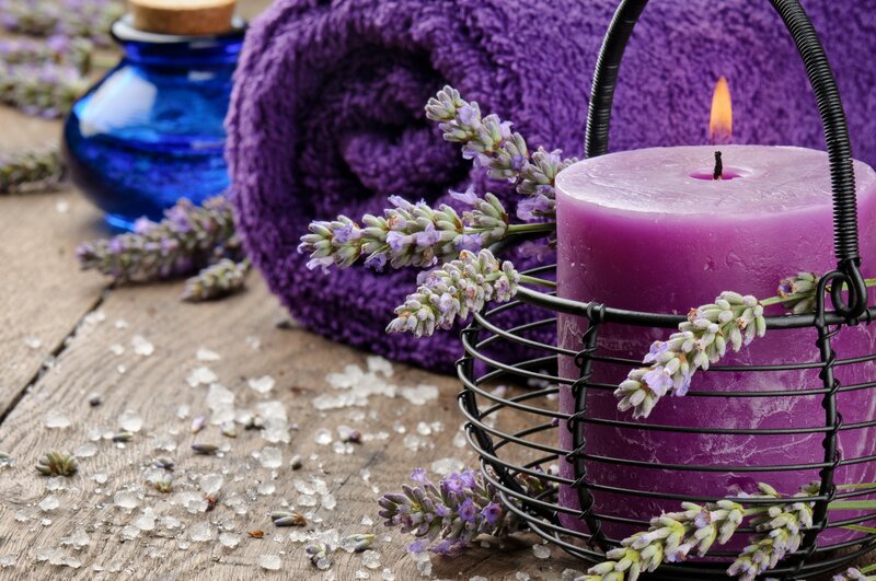 Lavender Candle on Wood — Purple